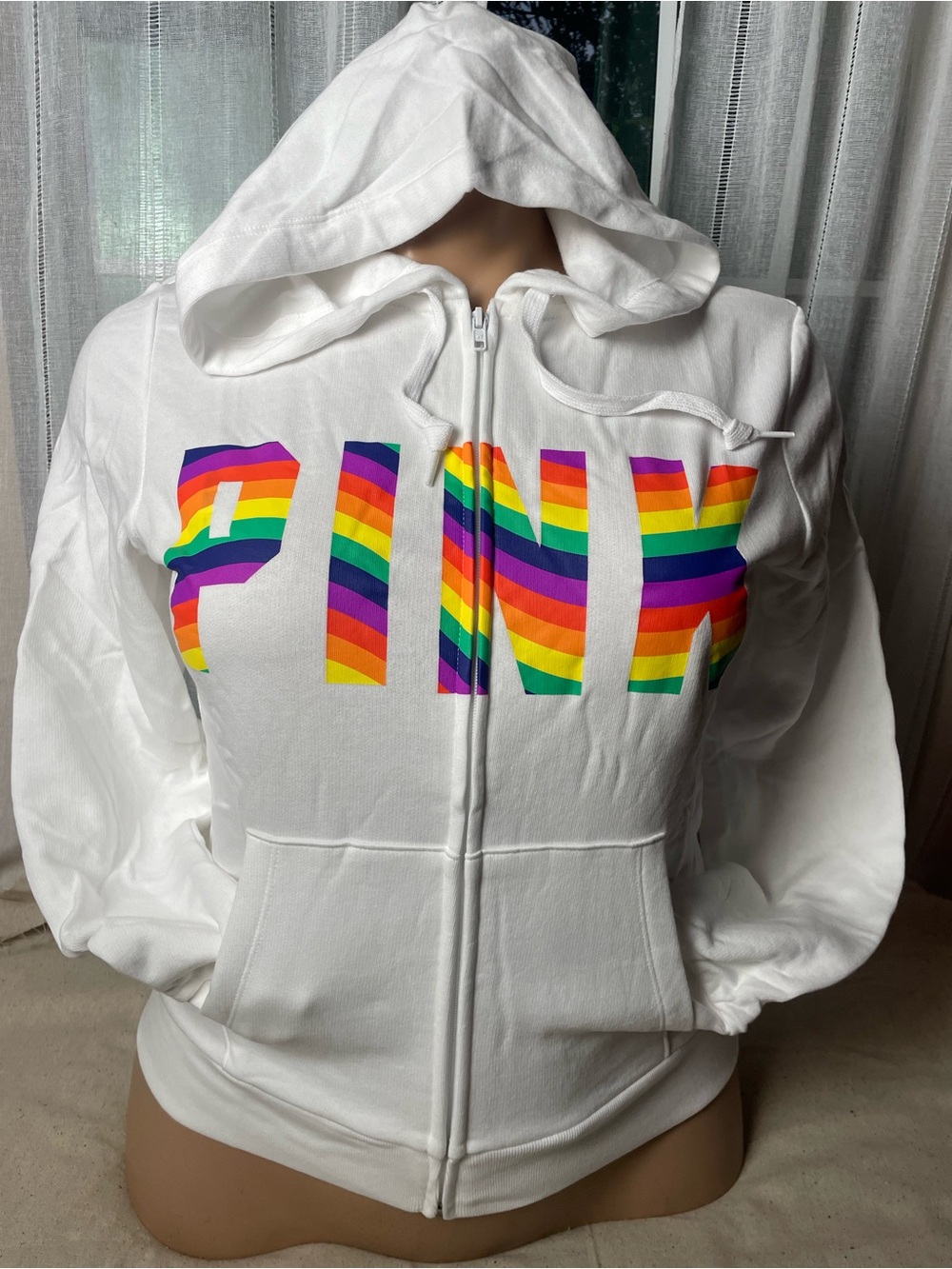 PINK Victoria's Secret White Zip Hoodie with Rainbow Logo